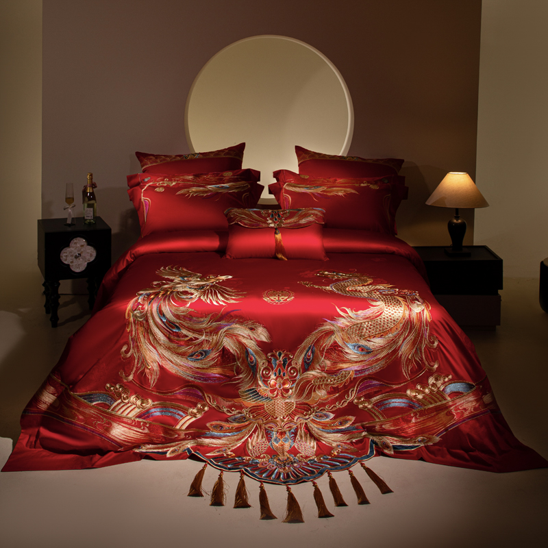 140支长绒棉结婚四件套红色全棉婚庆床品被套纯棉绣花床单喜被子