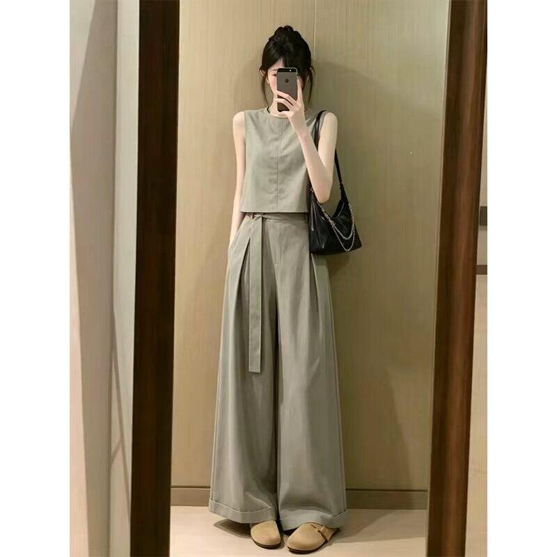 2026新款夏季巨好看韩系穿搭一整套ootd无袖上衣阔脚裤两件套装女