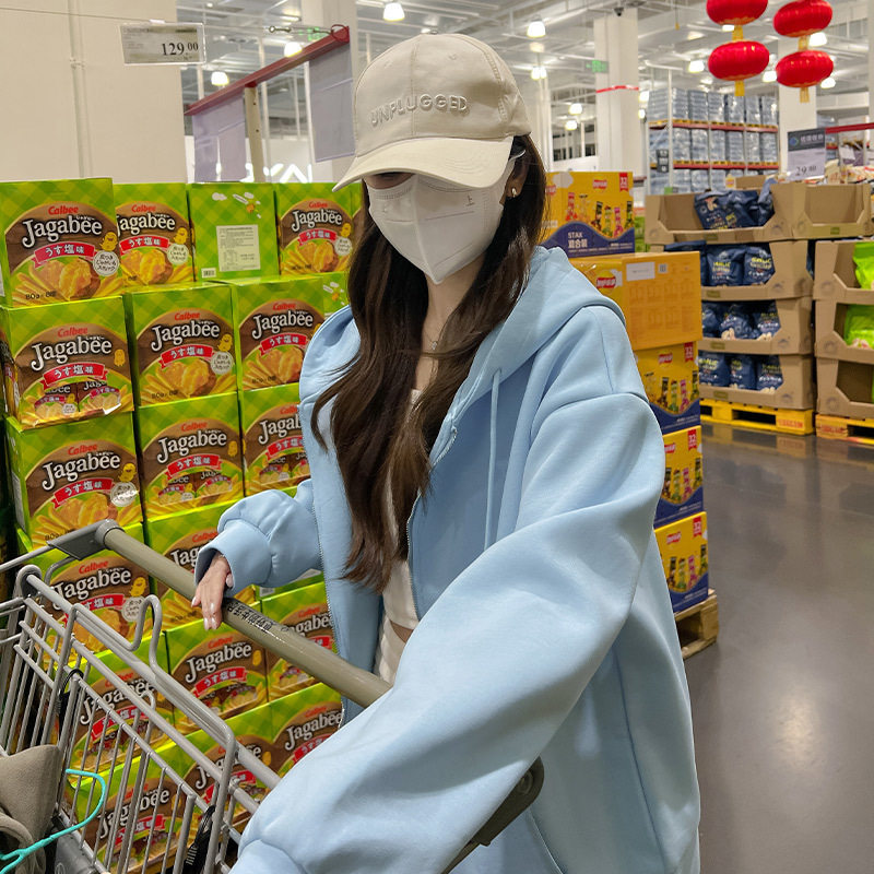 韩版宽松2025连帽开衫卫衣女秋冬新款拉链加绒慵懒风即墨上衣
