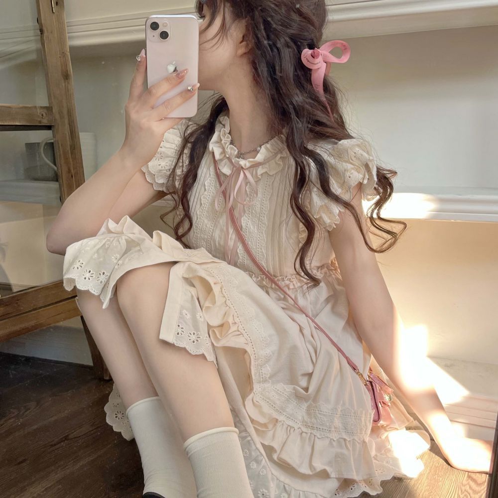 法式甜美小飞袖连衣裙2025新款女夏季小个子在逃公主别致蓬蓬短裙