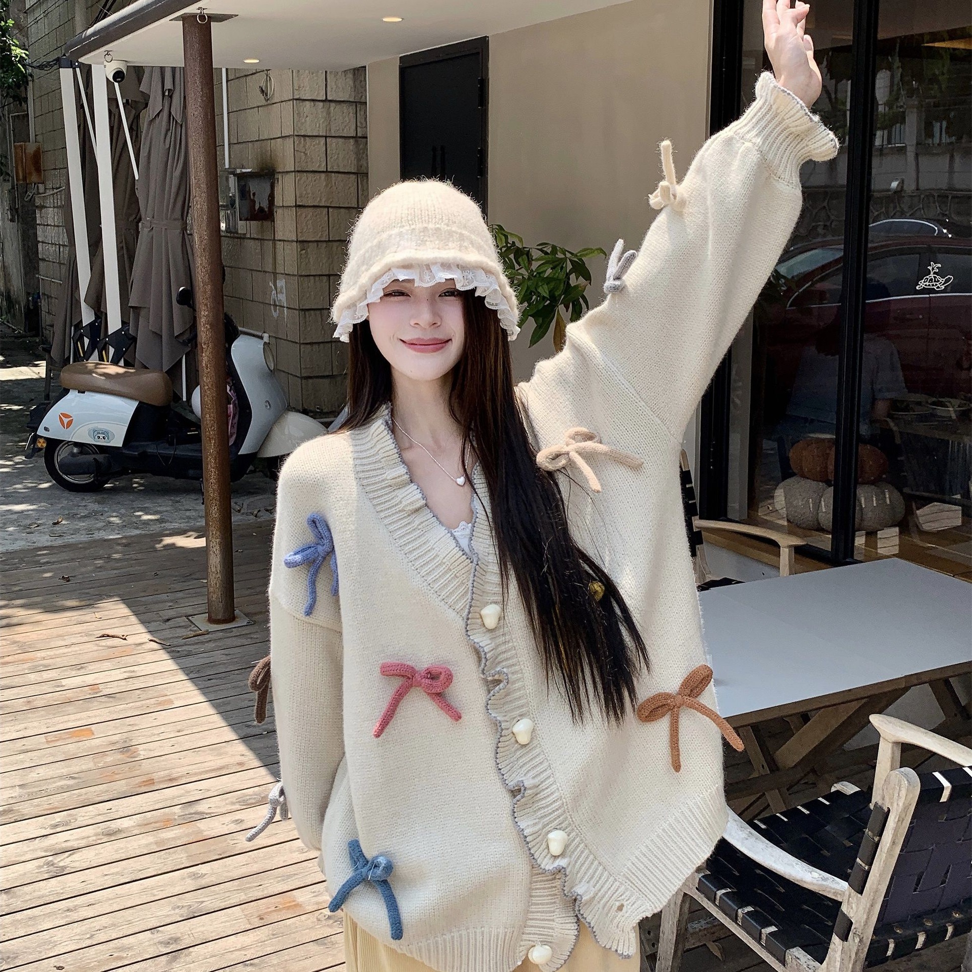 新款甜美减龄立体蝴蝶结毛衣女2025秋冬设计感木耳边宽松针织