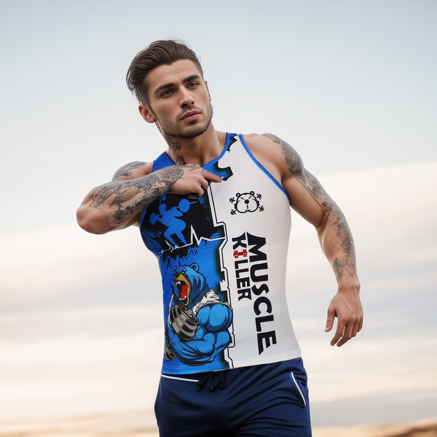 健身房穿搭速干蓝色无袖可定制