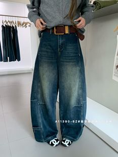 长裤 十三行冬季 女高腰宽松显瘦阔腿设计感工装 植绒牛仔裤 新款