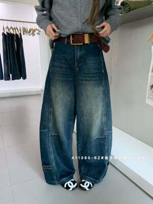 十三行冬季新款植绒牛仔裤女高腰宽松显瘦阔腿设计感工装长裤