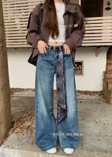 十三行秋季新款高腰牛仔裤女宽松显瘦阔腿设计感直筒拖地长裤