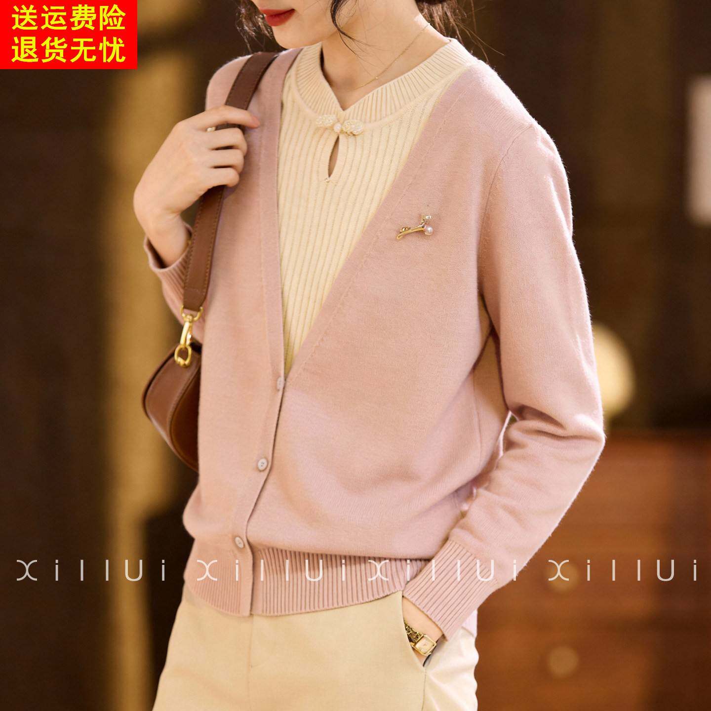 喜卉妈妈春装针织衫假两件上衣2026新款宽松中老年女装旗袍领打底