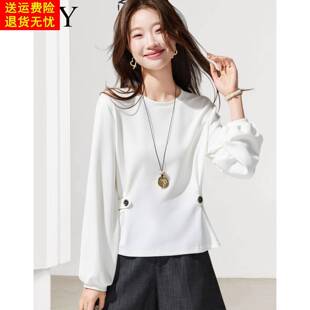 2026春装新款经典圆领时尚灯笼袖收腰短款T恤套头小众休闲上衣女