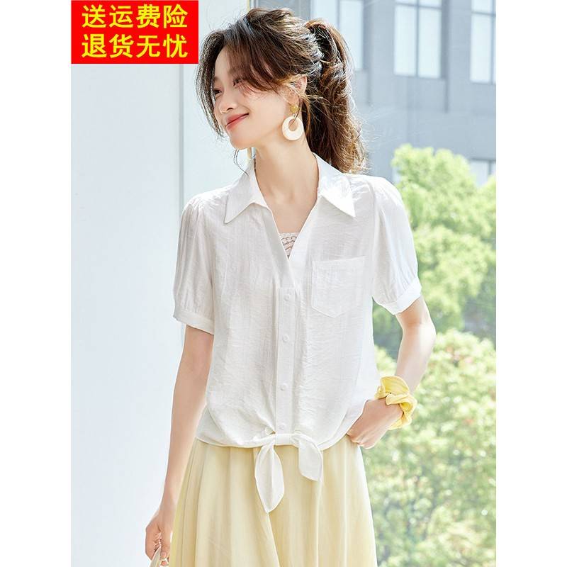 2025新夏季热风格苎麻白色短袖衬衫女式t恤棉麻亚麻上等优雅上衣