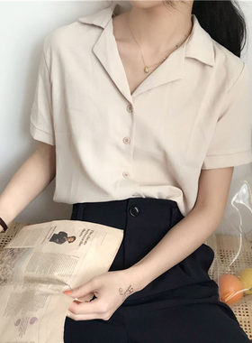2025夏季韩版气质百搭西装领雪纺短袖衬衫上衣纯色衬衣学生女装