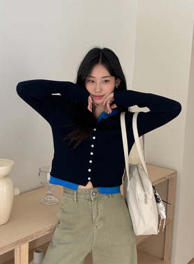 小个子假两件拼色针织开衫女2025秋季韩系修身显瘦毛衣530074