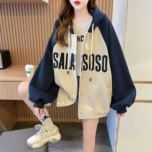 连帽开衫卫衣女秋冬加绒加厚中长款宽松bf慵懒风运动外套oversize
