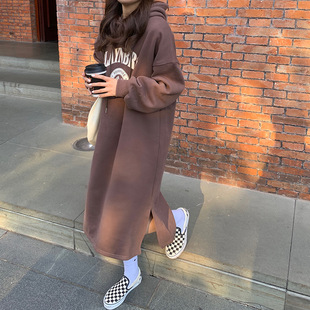 原宿风中长款卫衣女ins韩版条纹长袖连衣裙冬季韩版宽松显瘦加绒