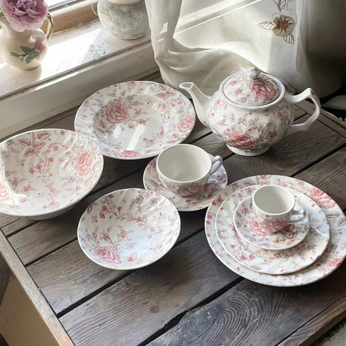出口英国复古玫瑰釉下彩下午茶具