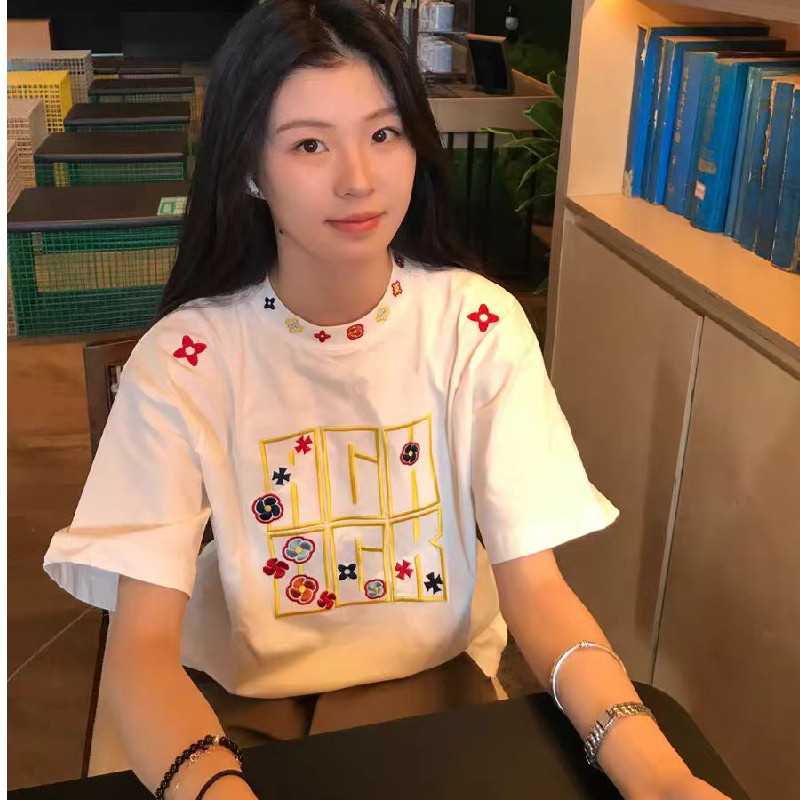 港风复古时尚百搭宽松遮肉显瘦韩版短袖女国潮刺绣T恤男情侣装潮