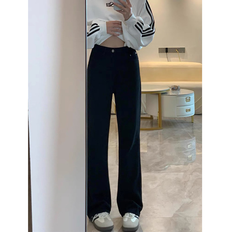 黑色加绒直筒牛仔裤女秋冬新款胖妹妹mm高腰宽松显瘦梨形身材长裤