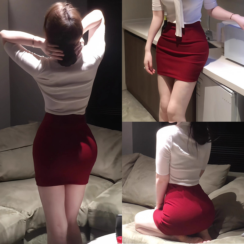 春夏辣妹纯欲风红色包臀丰胯半身裙女高腰修身显瘦短裙弹力一步裙