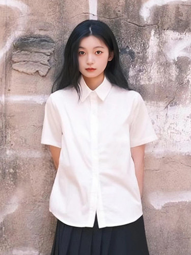 宽松学院风短袖白衬衫女