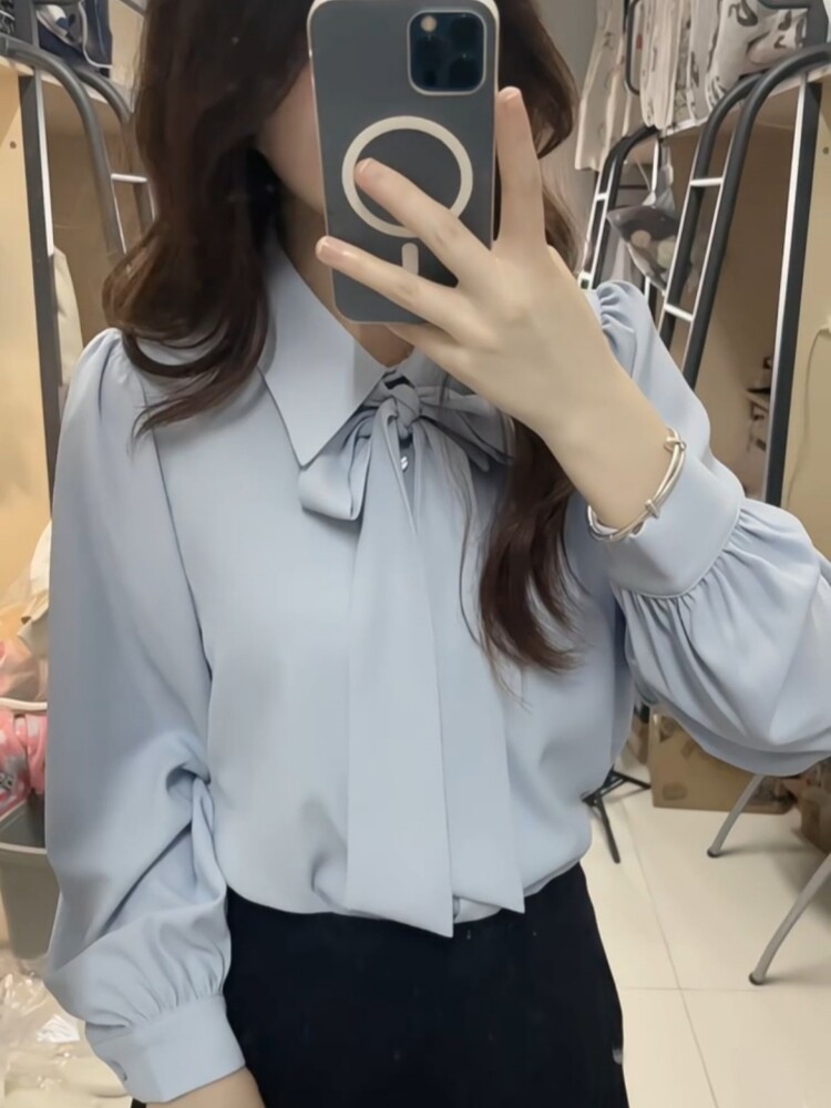 2025新款春秋蓝色蝴蝶结系带衬衫女长袖高级感通勤韩系温柔风衬衣