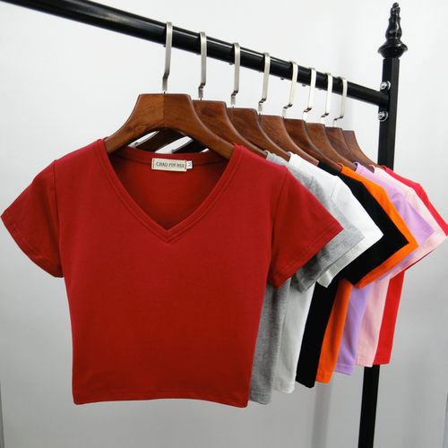 露脐短袖v领短款t恤打底衫上衣