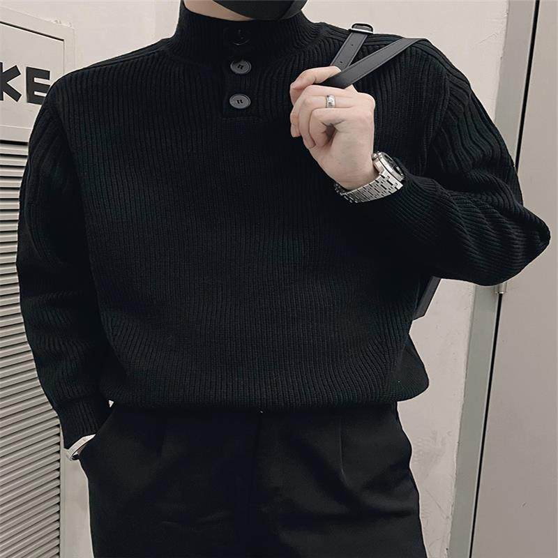 男士黑色排扣毛衣高领打底衫