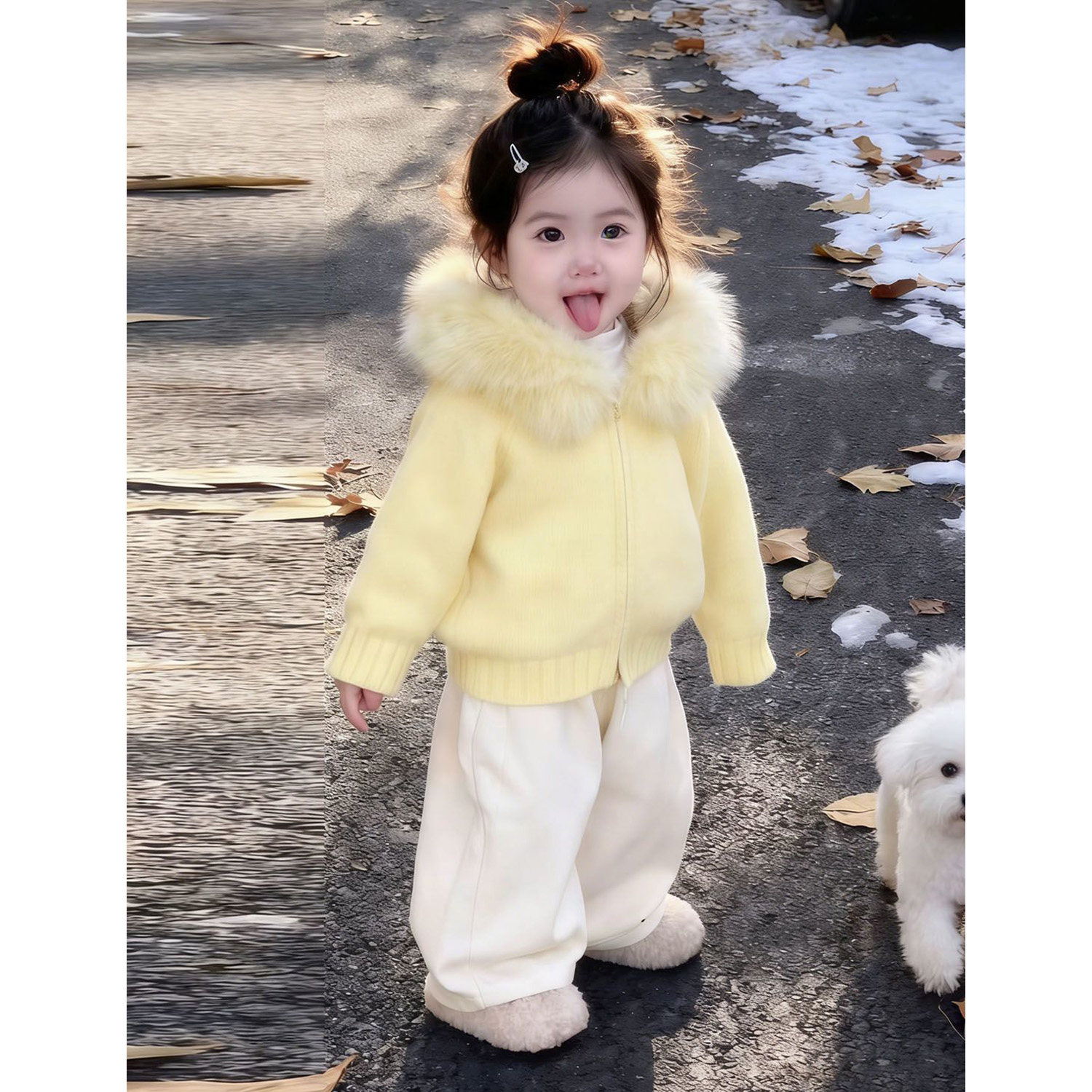 韩版女童2025冬季新款奶黄色毛领连帽拉链毛衣外套女孩杏色直筒裤