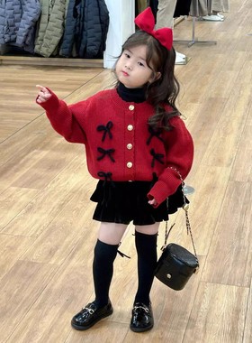 韩版女童2025秋冬新年款红色蝴蝶结毛衣开衫小女孩黑色丝绒蛋糕裙