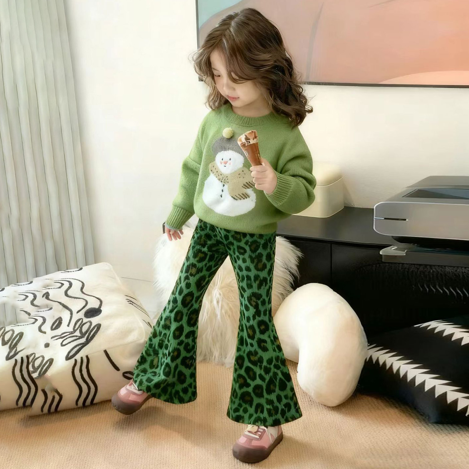 女童秋冬可爱加厚毛衣豹纹喇叭裤