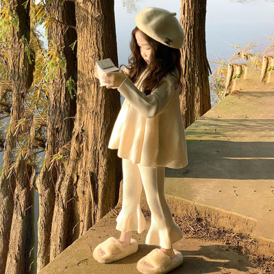 女童秋季坑条针织毛衣开衫喇叭裤