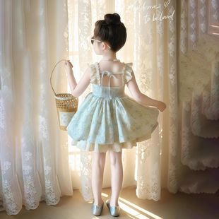 连衣裙小女孩甜美公主裙 法式 女童2025夏季 新款 蓝色碎花蕾丝小飞袖