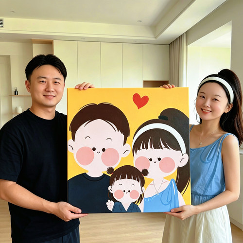 Q版手绘数字油画情侣定制挂画