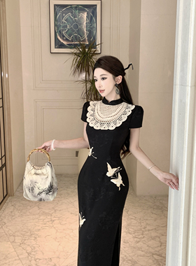 Mimo dk【墨蝶吟】新中式复古黑色改良旗袍女缎面蝴蝶绝美连衣裙