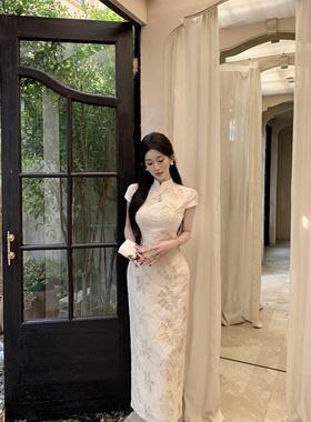 Mimo dk闭月新中式改良旗袍女2025夏温柔蕾丝杏色绝美国风连衣裙