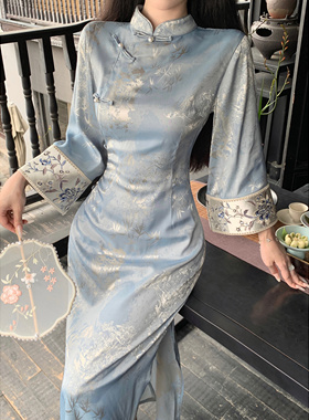【蓝黛】新中式蓝色刺绣修身倒大袖改良旗袍秋复古竹叶国风连衣裙