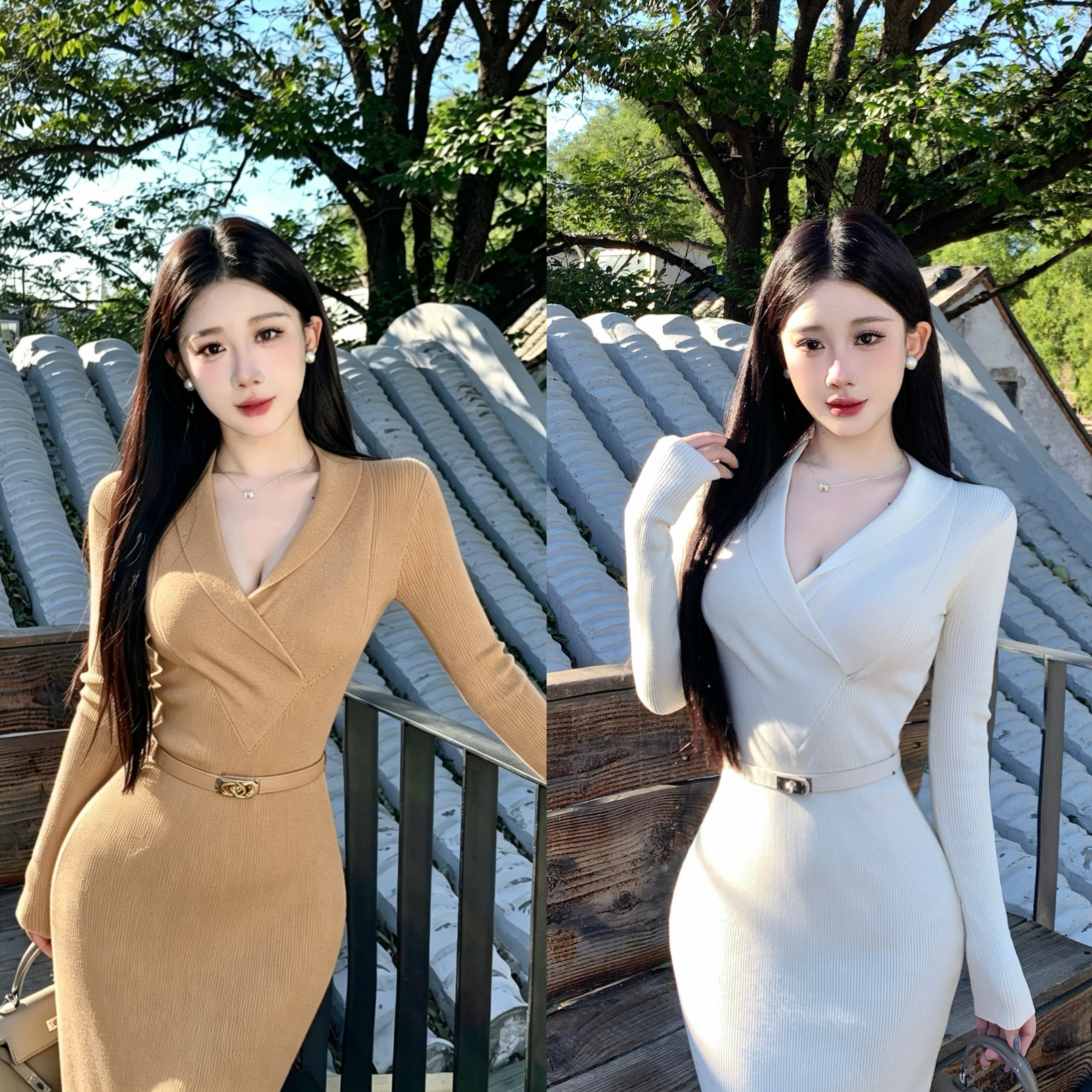 轻熟优雅风V领针织连衣裙女秋季新款修身显瘦通勤气质包臀长裙子