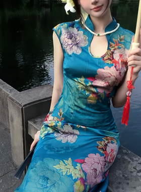 Mimo dk新中式国风水滴领短袖提花性感改良旗袍气质连衣裙 蓝佳人