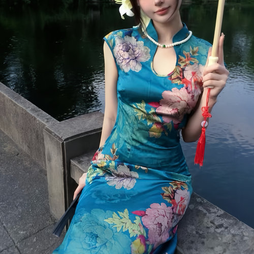 Mimo dk新中式国风水滴领短袖提花性感改良旗袍气质连衣裙 蓝佳人
