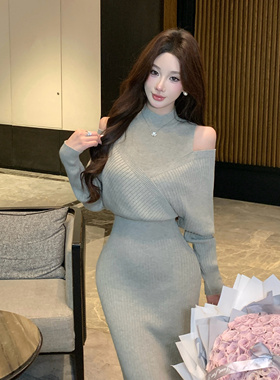 法式小香风气质针织连衣裙女2025新款设计感收腰显瘦假两件裙子冬