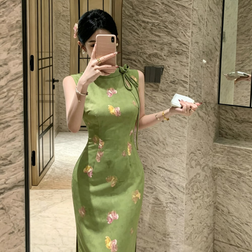 Mimo dk复古新中式绿色显白改良旗袍连衣裙女无袖收腰印花长裙子
