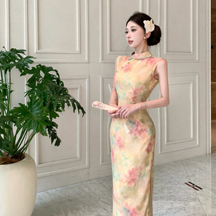 Mimo dk【彩釉寓言】复古人丝皱金丝晕染油画感改良旗袍连衣裙