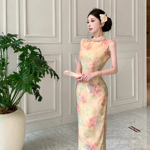 Mimo dk【彩釉寓言】复古人丝皱金丝晕染油画感改良旗袍连衣裙