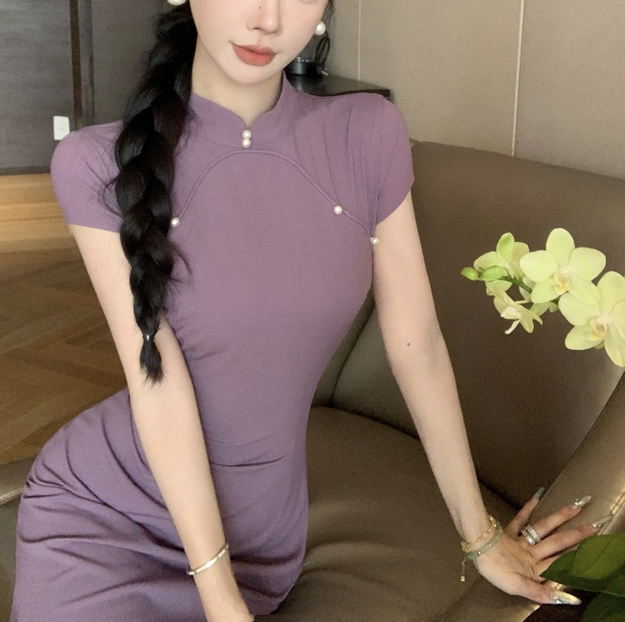 新中式国风港工改良旗袍女夏季紫色显白复古收腰显瘦立领连衣裙子