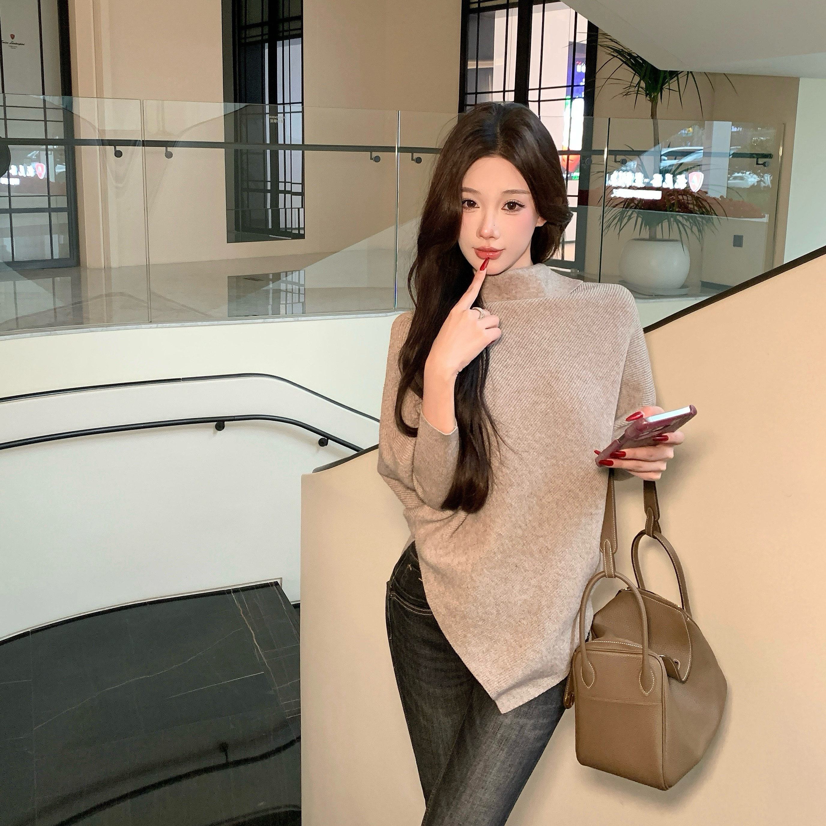 不规则显瘦高领蝙蝠袖毛衣女秋冬新款宽松慵懒风针织衫气质上衣