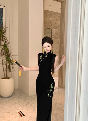 Mimo dk新中式刺绣港工改良修身旗袍弹力西装女连衣裙港工玉竹