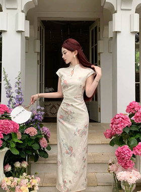 Mimo dk新中式缎面提花改良旗袍年轻显瘦显白开叉连衣裙女夏长裙