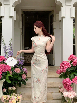 绿色提花新中式旗袍连衣裙长款