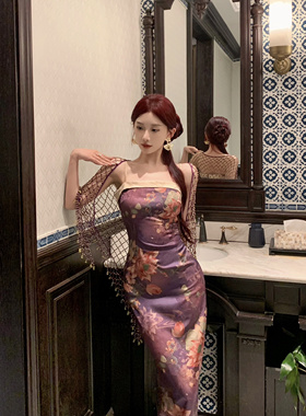 妹妹说紫色很有韵味复古新中式改良旗袍女挂脖吊带连衣裙长裙子