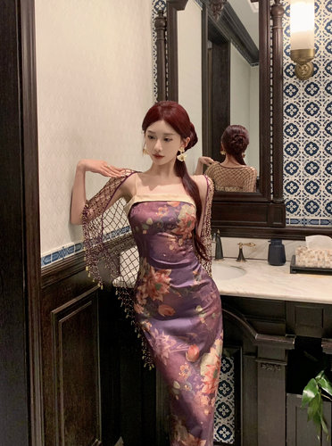 紫色印花新中式吊带连衣裙旗袍