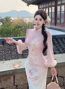 新中式温柔粉色优雅倒大袖改良旗袍秋冬款厚款连衣裙 荷花满凝香