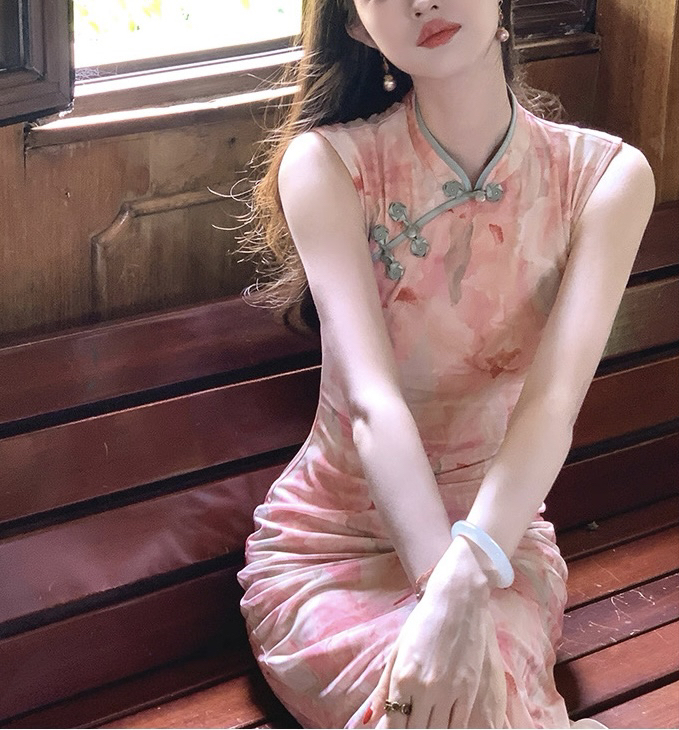 Mimo dk新中式国风复古改良旗袍女夏季缎面粉黛连衣裙防晒开衫
