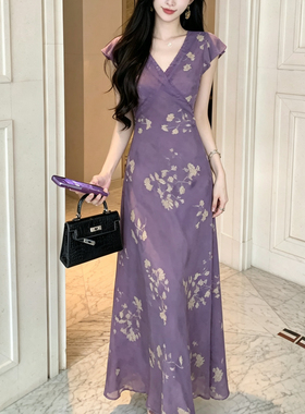 Mimo dk 暮紫花庭'法式紫色碎花小飞袖连衣裙女春夏蕾丝掐腰长裙